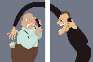 Cartoon Image Of Con Man Talking To Senior on the Phone While Stealing Cash from the Older Man's Pocket