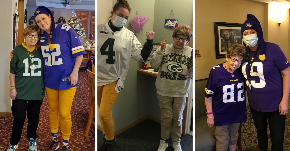 Resident and team member pictured in Vikings and Packers apparel